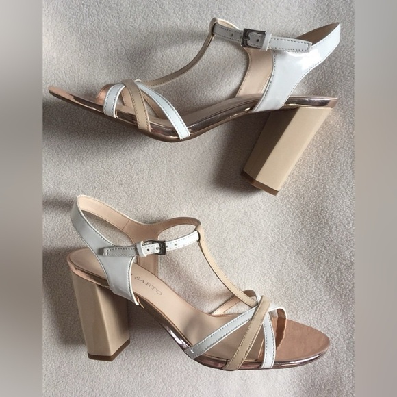 New Franco Sarto Ebba White & Tan Beige Patent T Strap Sandals Heels sz 9M - Picture 1 of 6